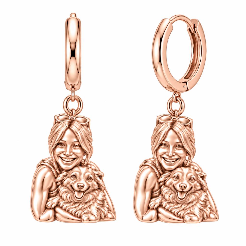 Soulmate Hug Portrait Huggie Charm Earrings – rose gold, front view