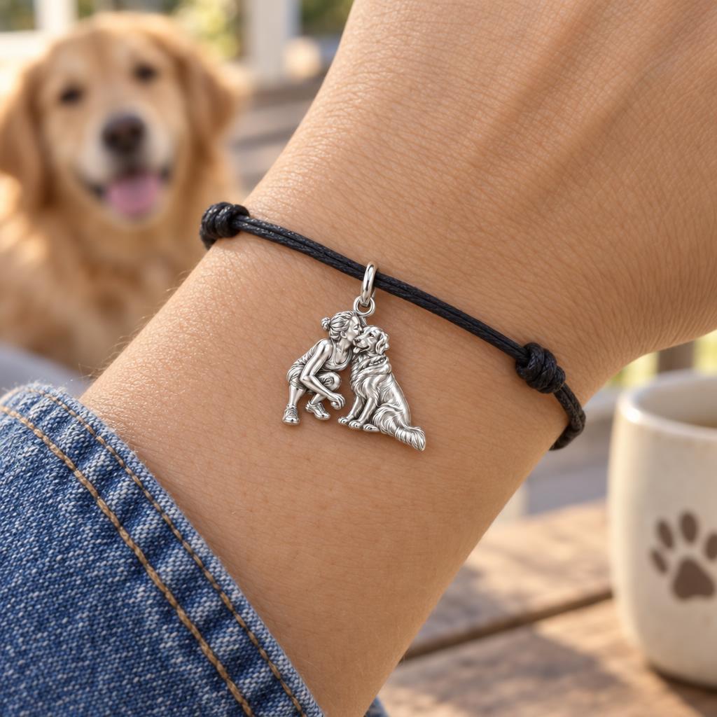 Soulmate Sculpted Pose Charm Bracelet – Personalized Dog Mom Gift – worn on the wrist on a black cord bracelet