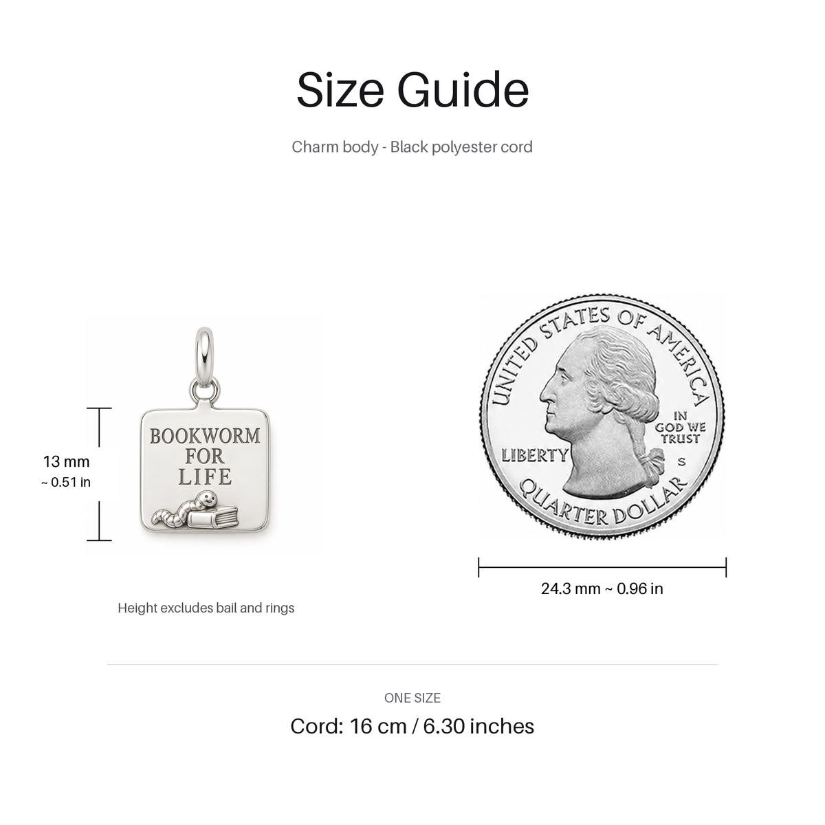 Bookworm for Life Charm | size | 99b1dcfd2dd34b41e746c39c74dbd62c588906b615329c9bd3972fdd52f7608c