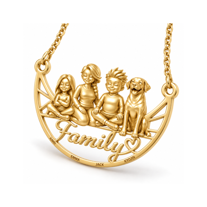 Angled view of the gold family and pet portrait necklace showing detailed sculpted figures and engraved names.