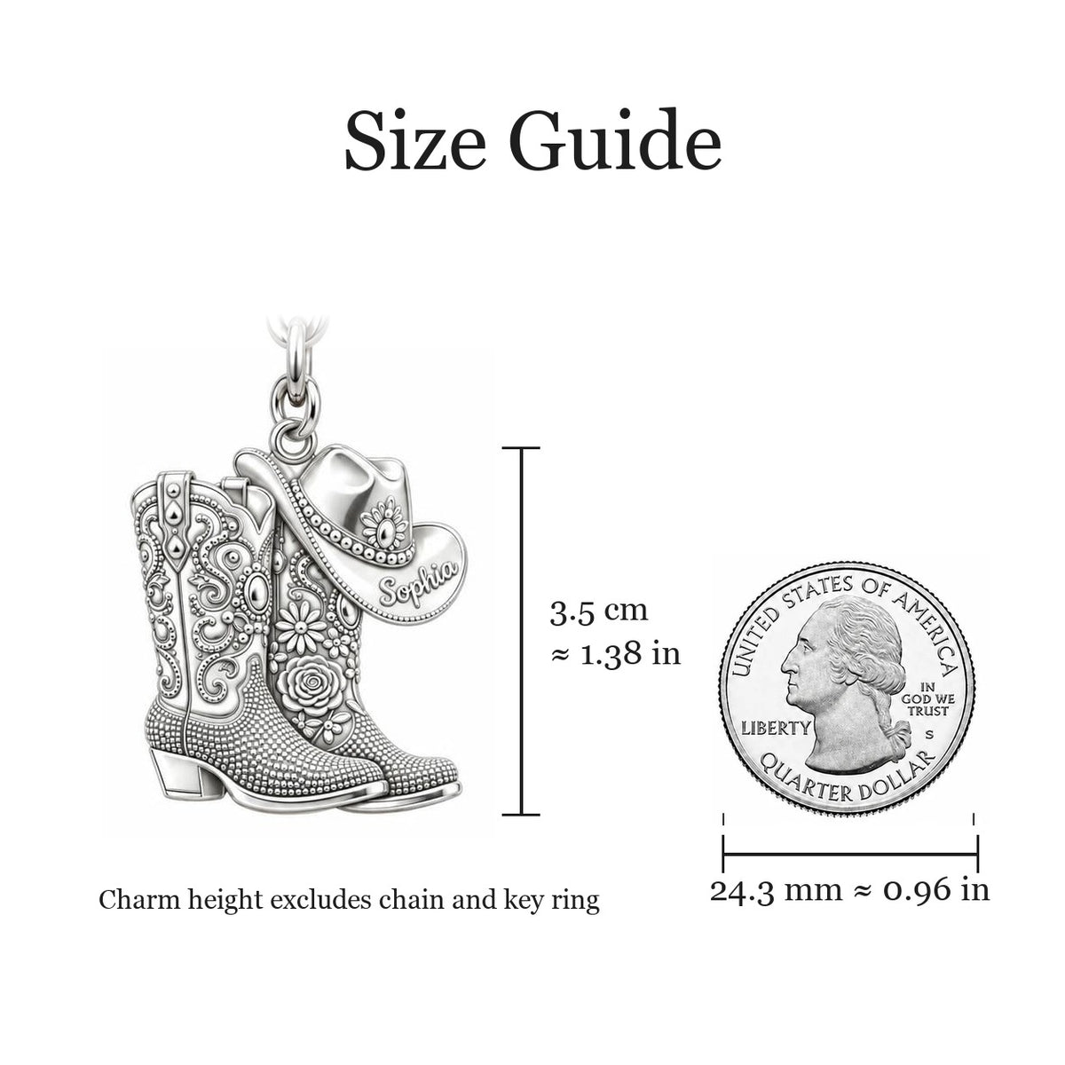 Keychain Size Guide: charm height 3.5 cm (1.38 inch), excluding chain and key ring; US quarter diameter 24.3 mm (0.96 inch).