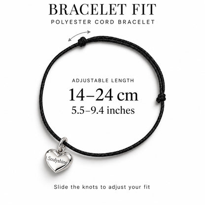 Polyester cord bracelet fit guide: adjustable length 14–24 cm (5.5–9.4 inches). Slide the knots to adjust your fit.