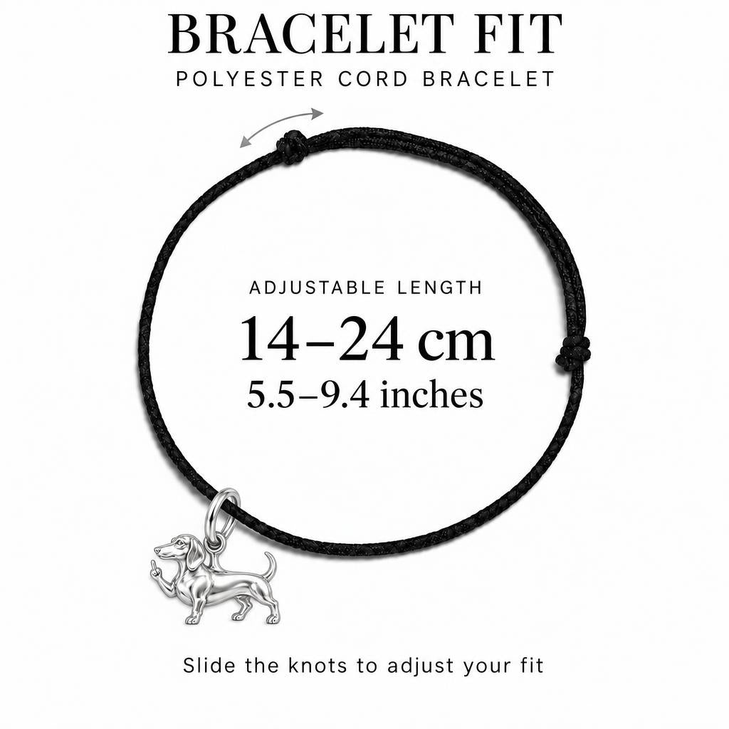Sassy Paws Dachshund Charm and Polyester Cord Bracelet – adjustable black cord bracelet, 14–24 cm