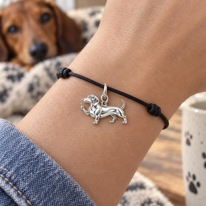 Sassy Paws Dachshund Charm and Polyester Cord Bracelet – worn on the wrist on a black cord bracelet