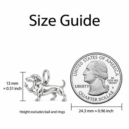 Sassy Paws Dachshund Charm and Polyester Cord Bracelet – size guide, 13 mm charm next to a quarter