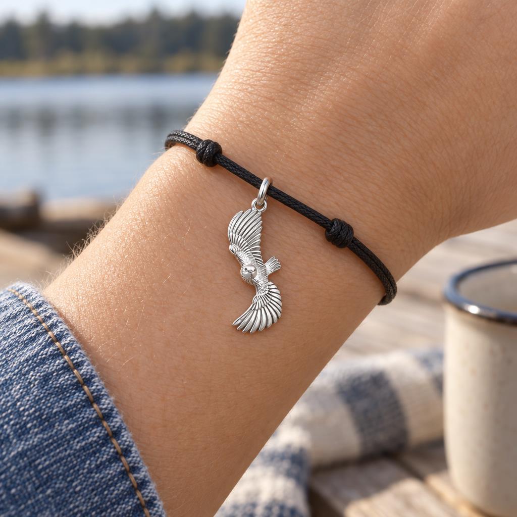 Spirit in Flight Charm Bracelet – Personalized Mom Gift – worn on the wrist on a black cord bracelet