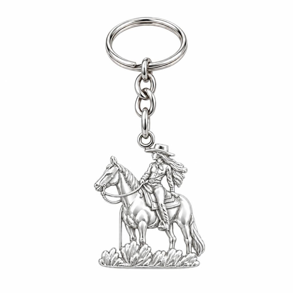 Spirit of the Trail Cowgirl Charm Keychain – silver, front view