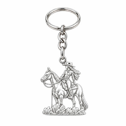 Spirit of the Trail Cowgirl Charm Keychain – silver, front view