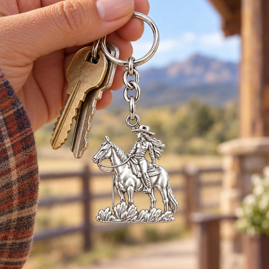 Spirit of the Trail Cowgirl Charm Keychain – worn / in use