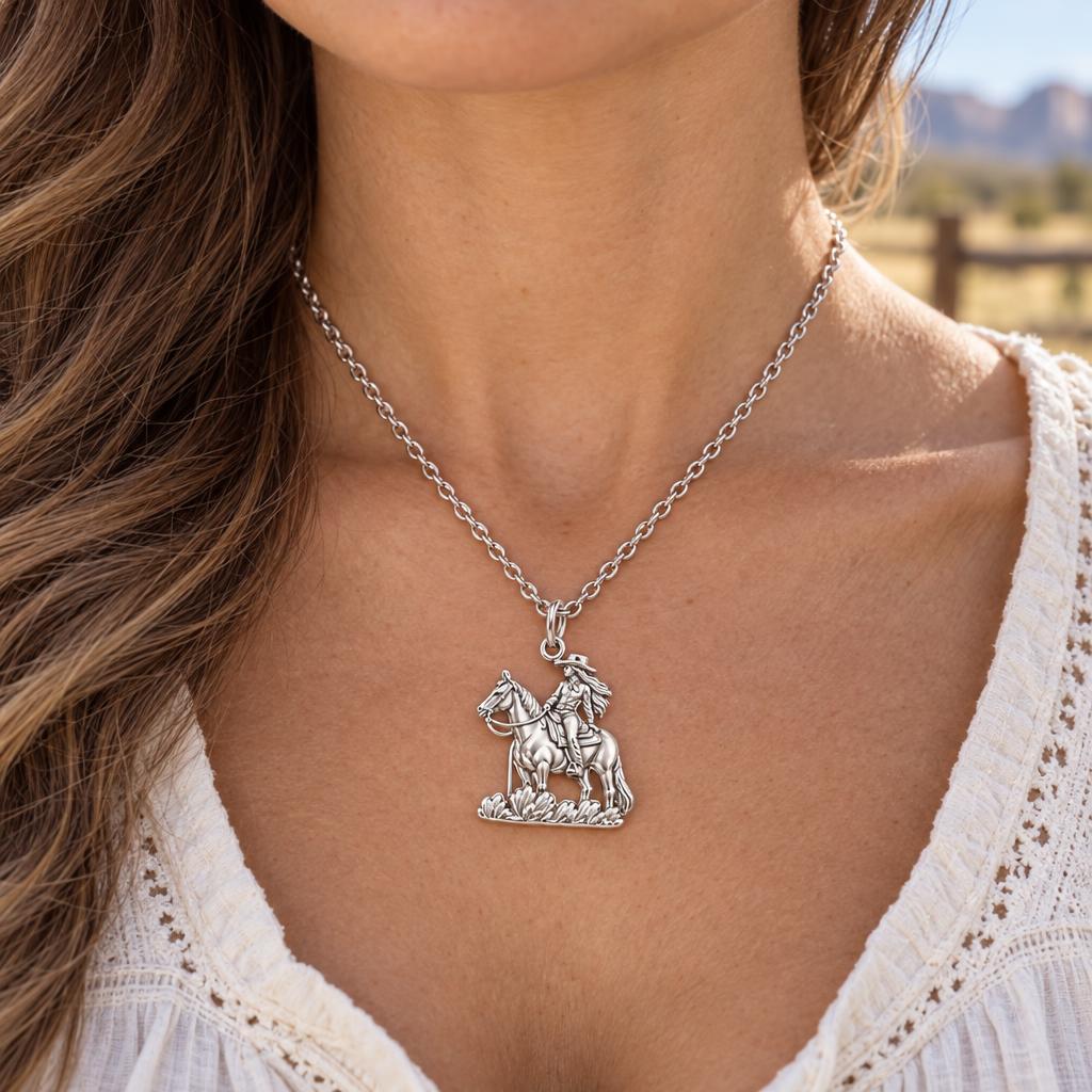 Spirit of the Trail Cowgirl Charm Necklace Set – worn / in use