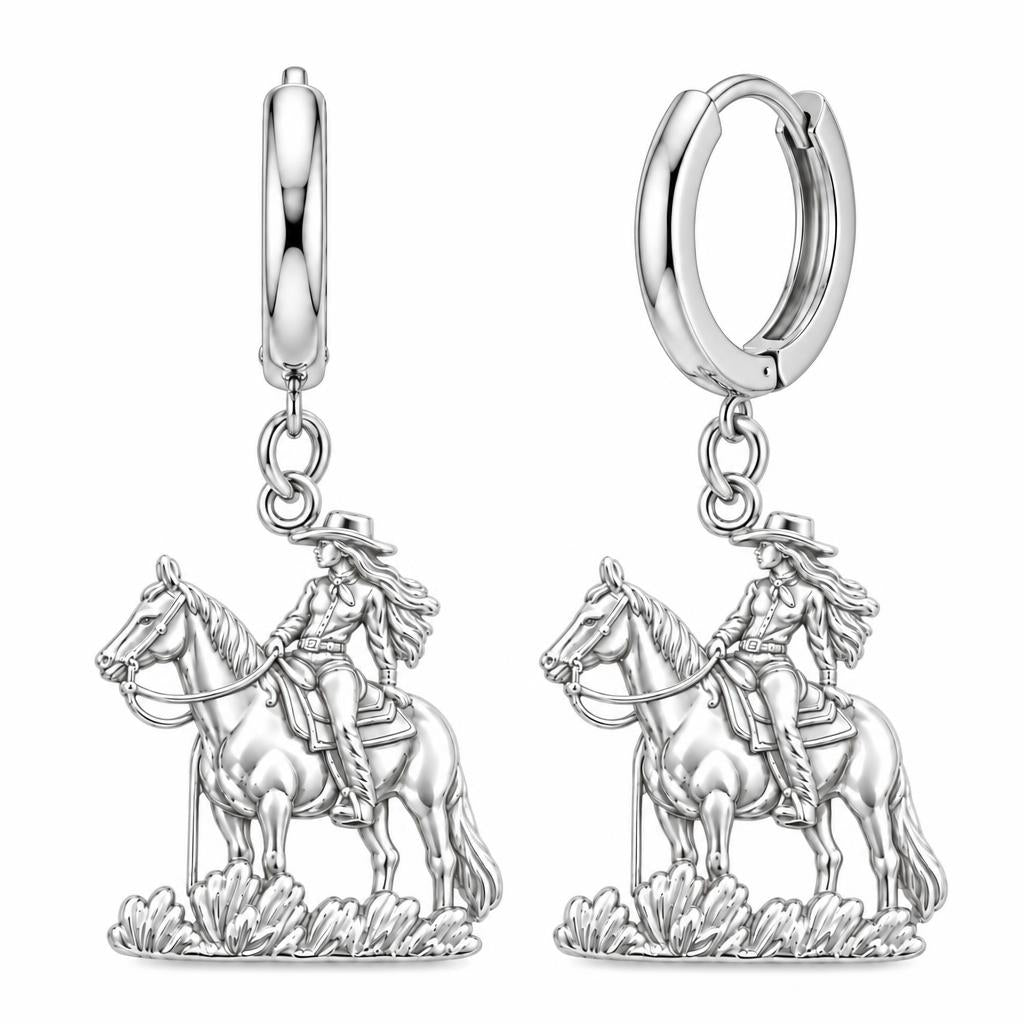 Spirit of the Trail Cowgirl Huggie Charm Earrings – silver, front view
