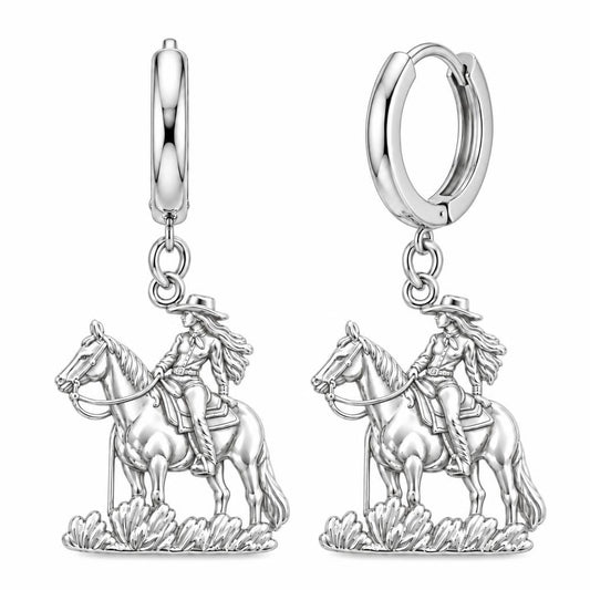 Spirit of the Trail Cowgirl Huggie Charm Earrings – silver, front view