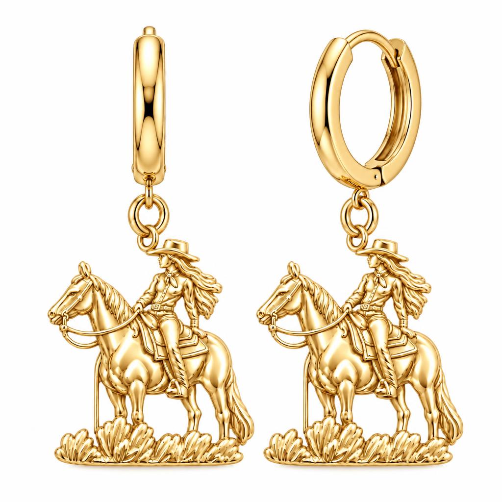 Spirit of the Trail Cowgirl Huggie Charm Earrings – 18K gold, front view