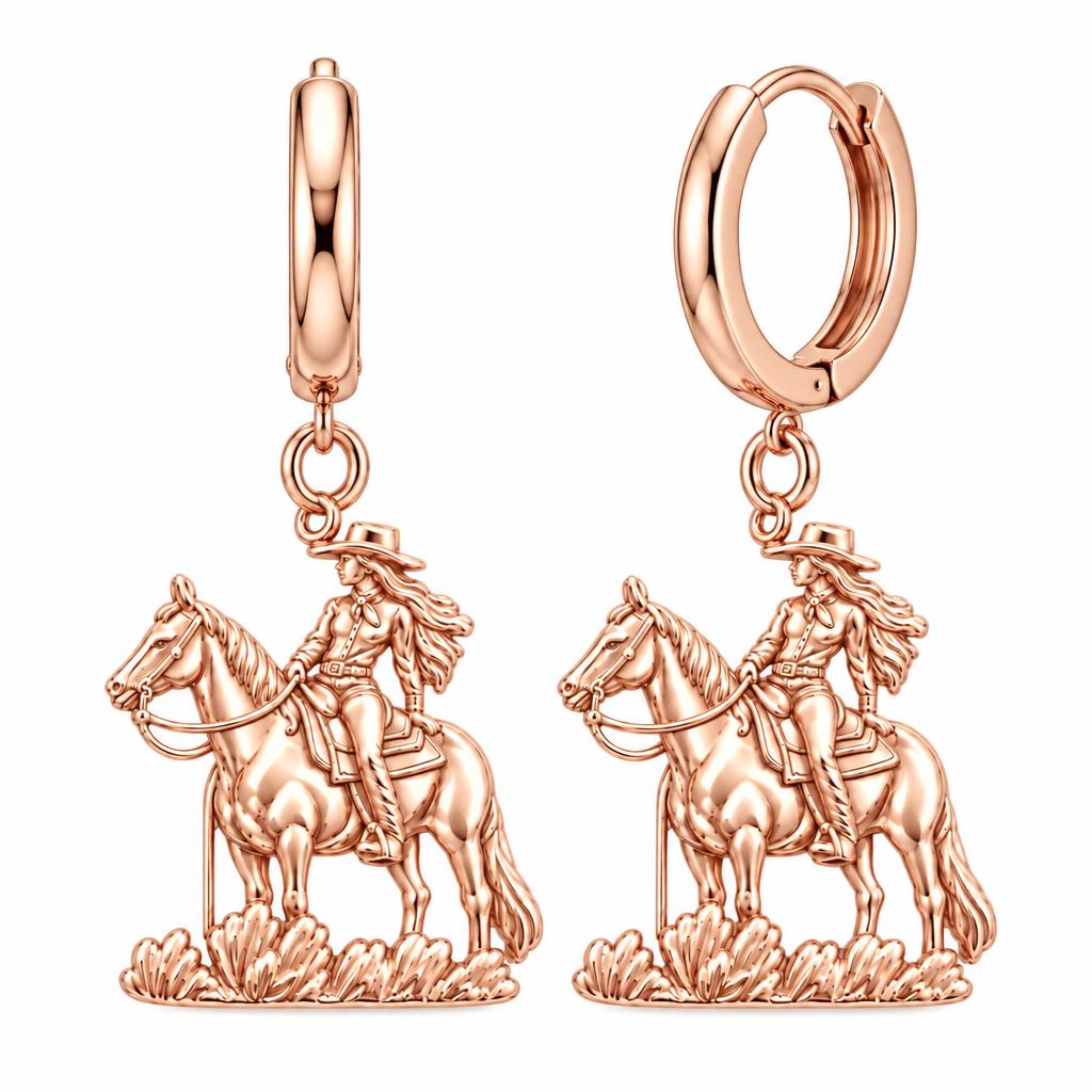 Spirit of the Trail Cowgirl Huggie Charm Earrings – rose gold, front view