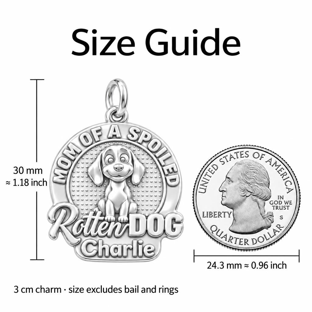 Spoiled Rotten Dog Mom Charm Bracelet – Personalized Dog Mom Gift – size guide, 3 cm charm next to a quarter
