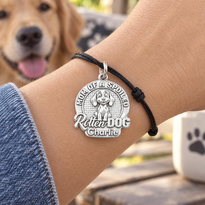 Spoiled Rotten Dog Mom Charm Bracelet – Personalized Dog Mom Gift – worn on the wrist on a black cord bracelet