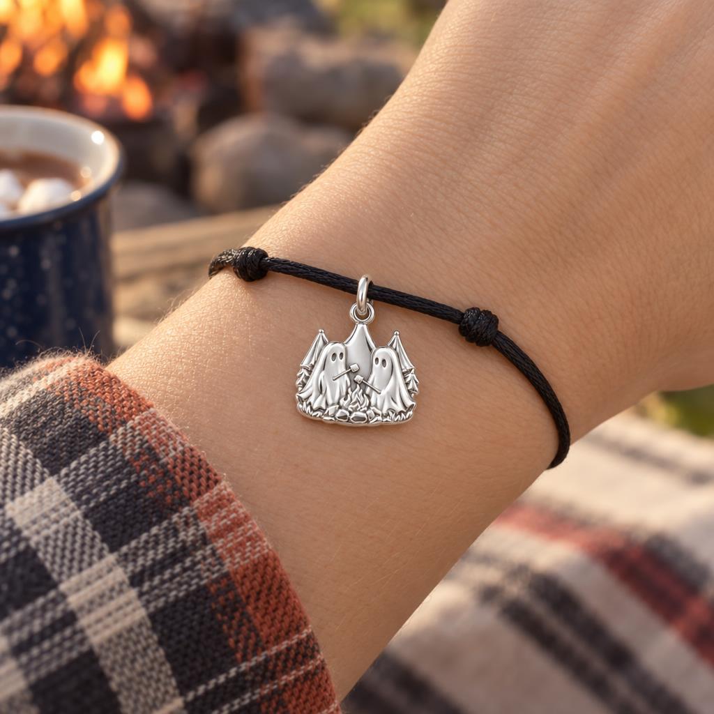 Spooky Besties Campfire Charm – worn on the wrist on a black cord bracelet