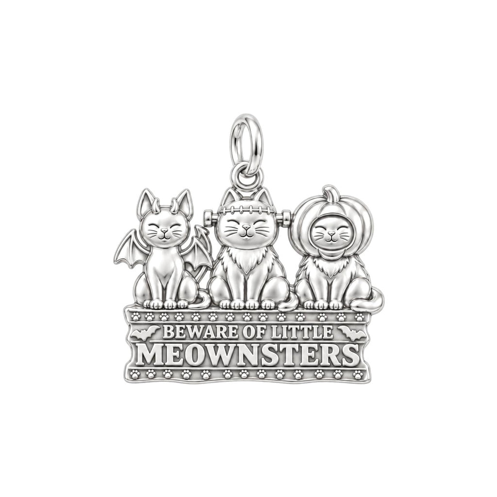 Spooky Little Meownsters Charm Bracelet – Personalized Cat Mom Gift – silver plated 3 cm charm, front view