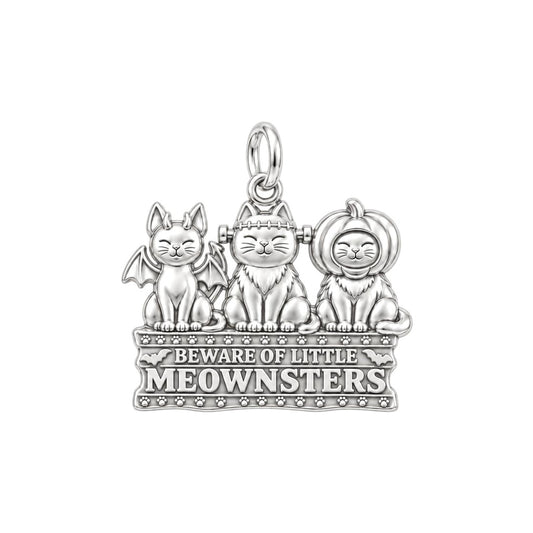 Spooky Little Meownsters Charm Bracelet – Personalized Cat Mom Gift – silver plated 3 cm charm, front view