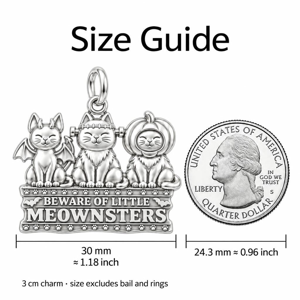 Spooky Little Meownsters Charm Bracelet – Personalized Cat Mom Gift – size guide, 3 cm charm next to a quarter