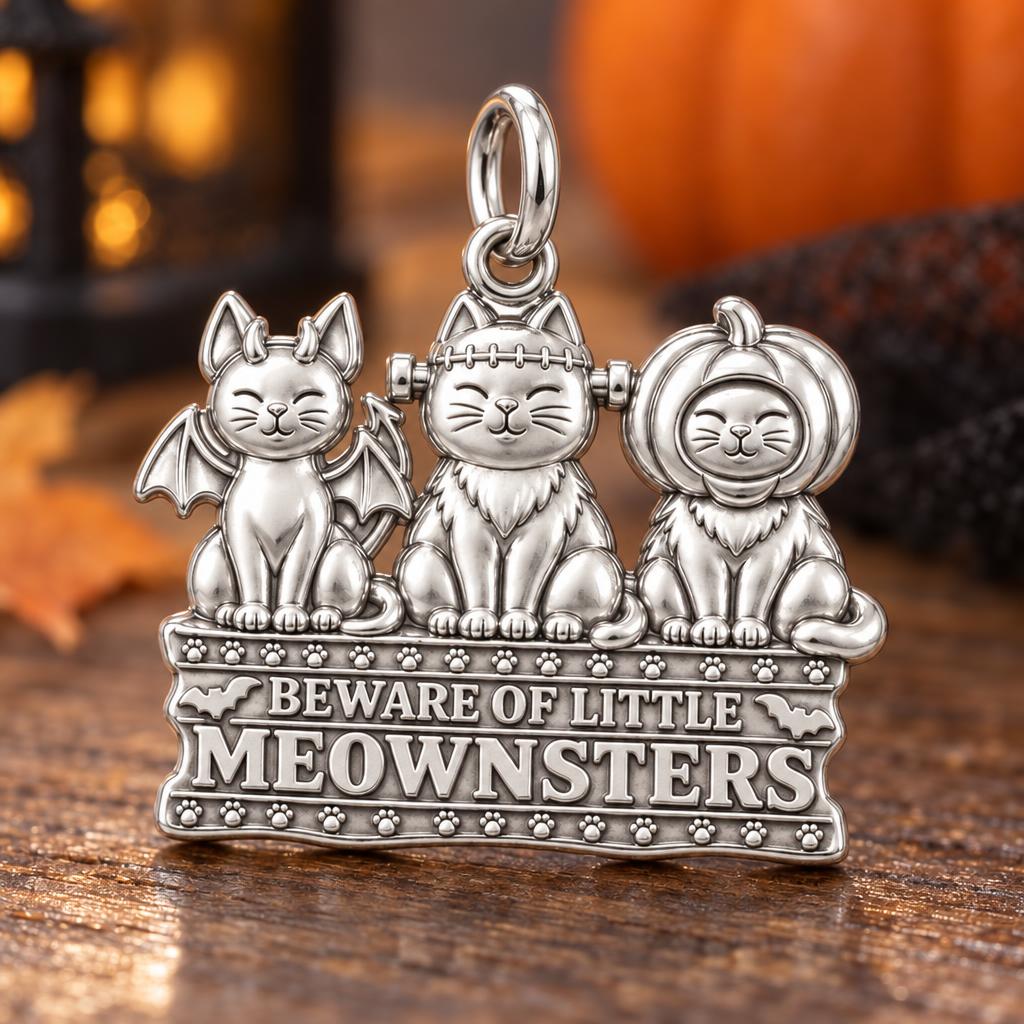 Spooky Little Meownsters Charm Bracelet – Personalized Cat Mom Gift – macro detail of the charm