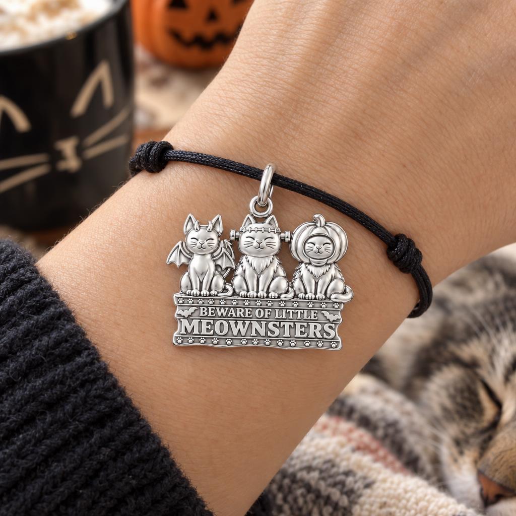 Spooky Little Meownsters Charm Bracelet – Personalized Cat Mom Gift – worn on the wrist on a black cord bracelet