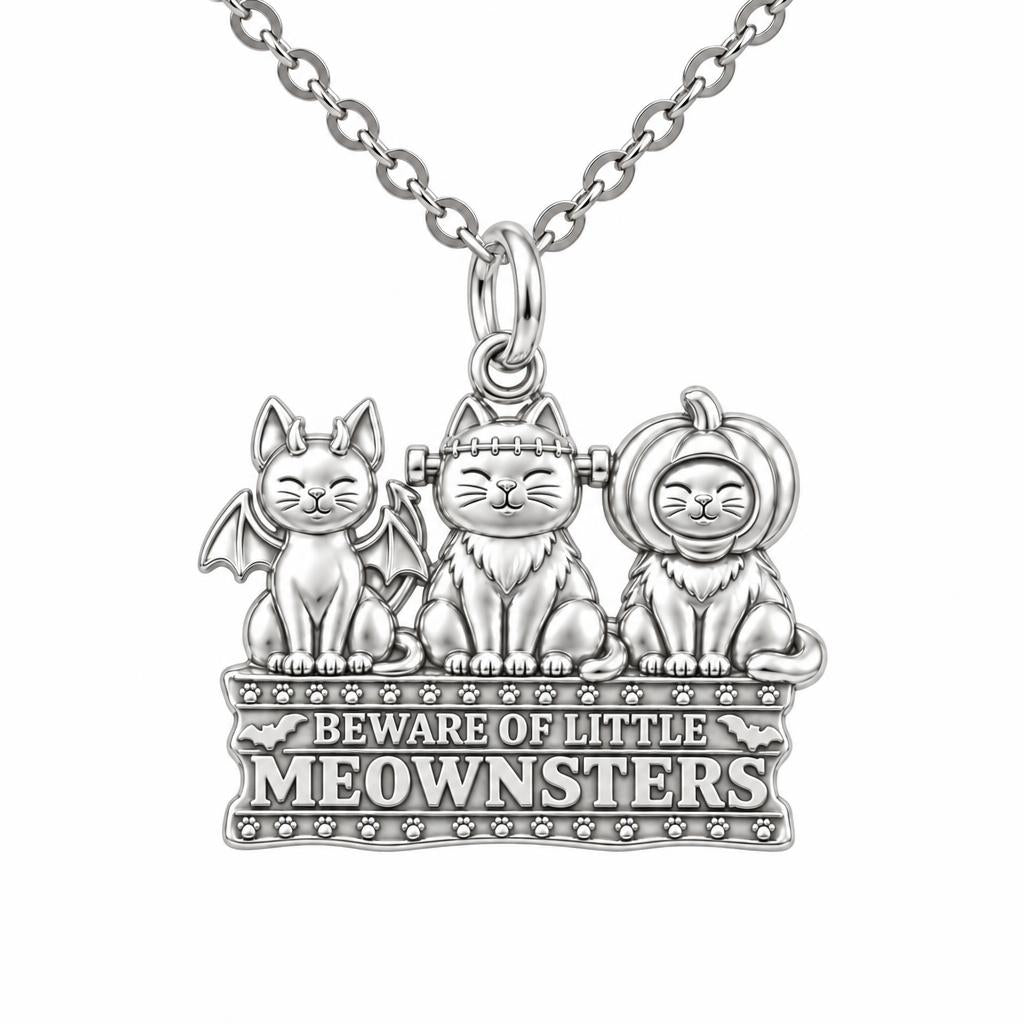 Spooky Little Meownsters Charm Necklace Set – silver, front view