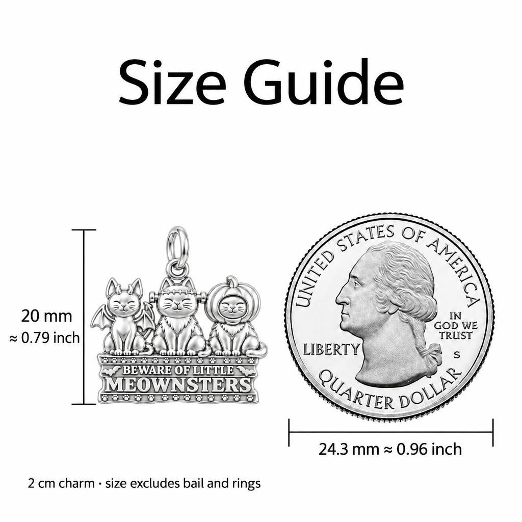 Spooky Little Meownsters Charm Necklace Set – size guide, 13 mm charm next to a quarter