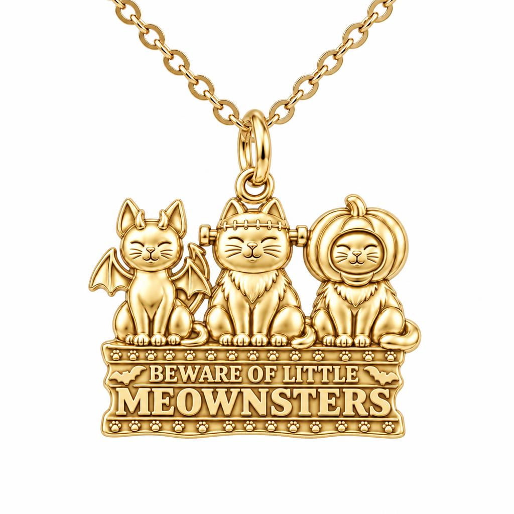 Spooky Little Meownsters Charm Necklace Set – 18K gold, front view