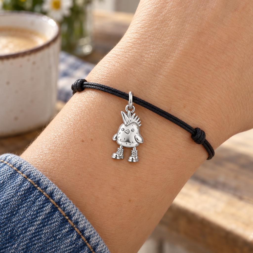 Spunky Chick in Boots Charm Bracelet – Personalized Mom Gift – worn on the wrist on a black cord bracelet
