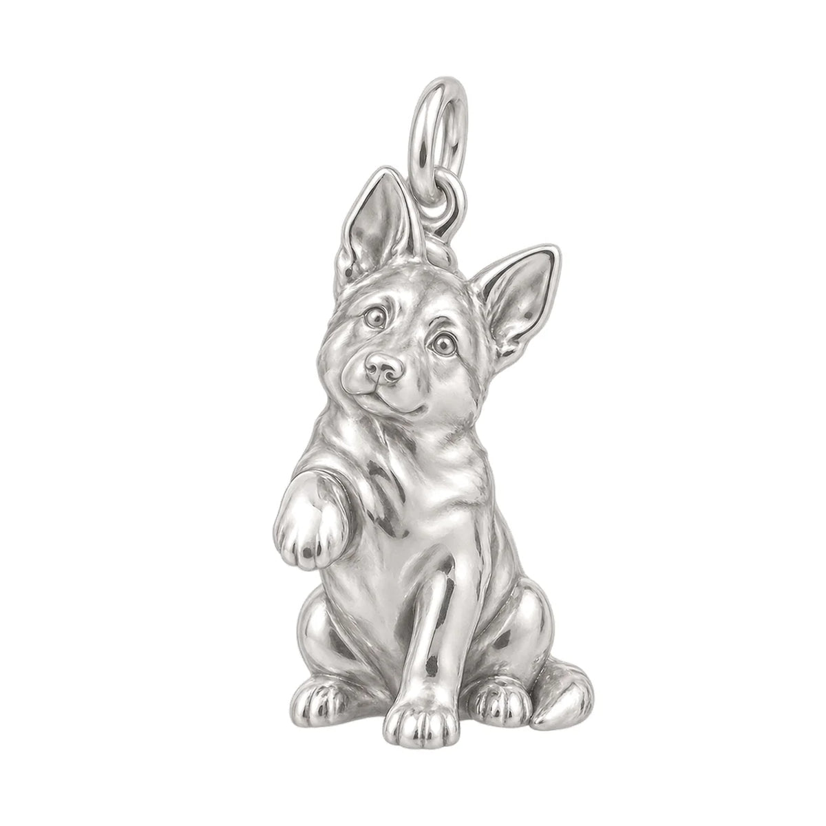 Handmade sterling silver German Shepherd puppy charm in a playful sitting pose for pet lovers.