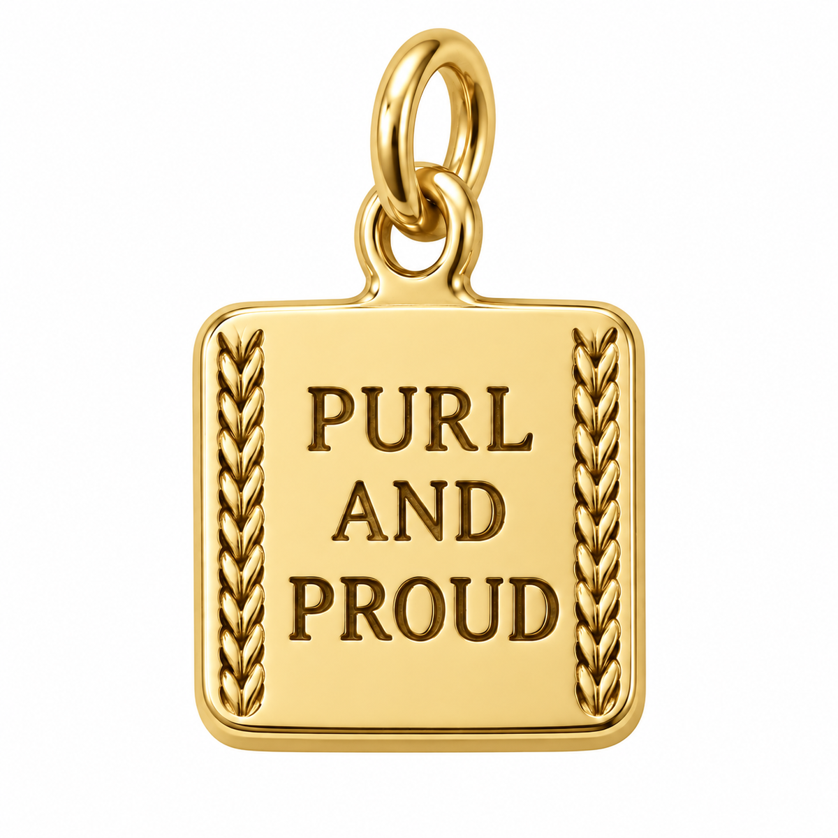 Purl and Proud Engraved Charm | gold | 87ed36115c01662a0b4dcfefbedee6106165e44f6c19ef03ed0ddca260392590