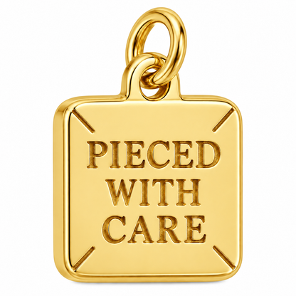 Pieced with Care Engraved Quilting Charm | gold | daddad4bab5c77d9524919e67b400ba3dbe46ce3704e07baf8a6a3d869076c8c