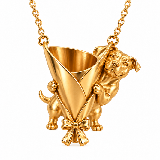 Flowers for You gold bouquet dog necklace on pure white.