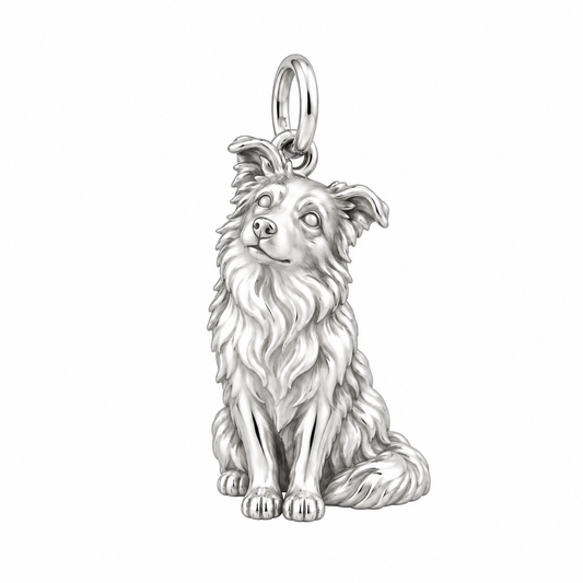 Border Collie - rough coat — Happy Running Charm and Polyester Cord Bracelet Set — Silver