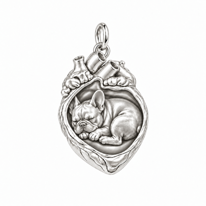 French Bulldog — In My Heart Sleeping Pet Charm and Polyester Cord Bracelet Set — Silver