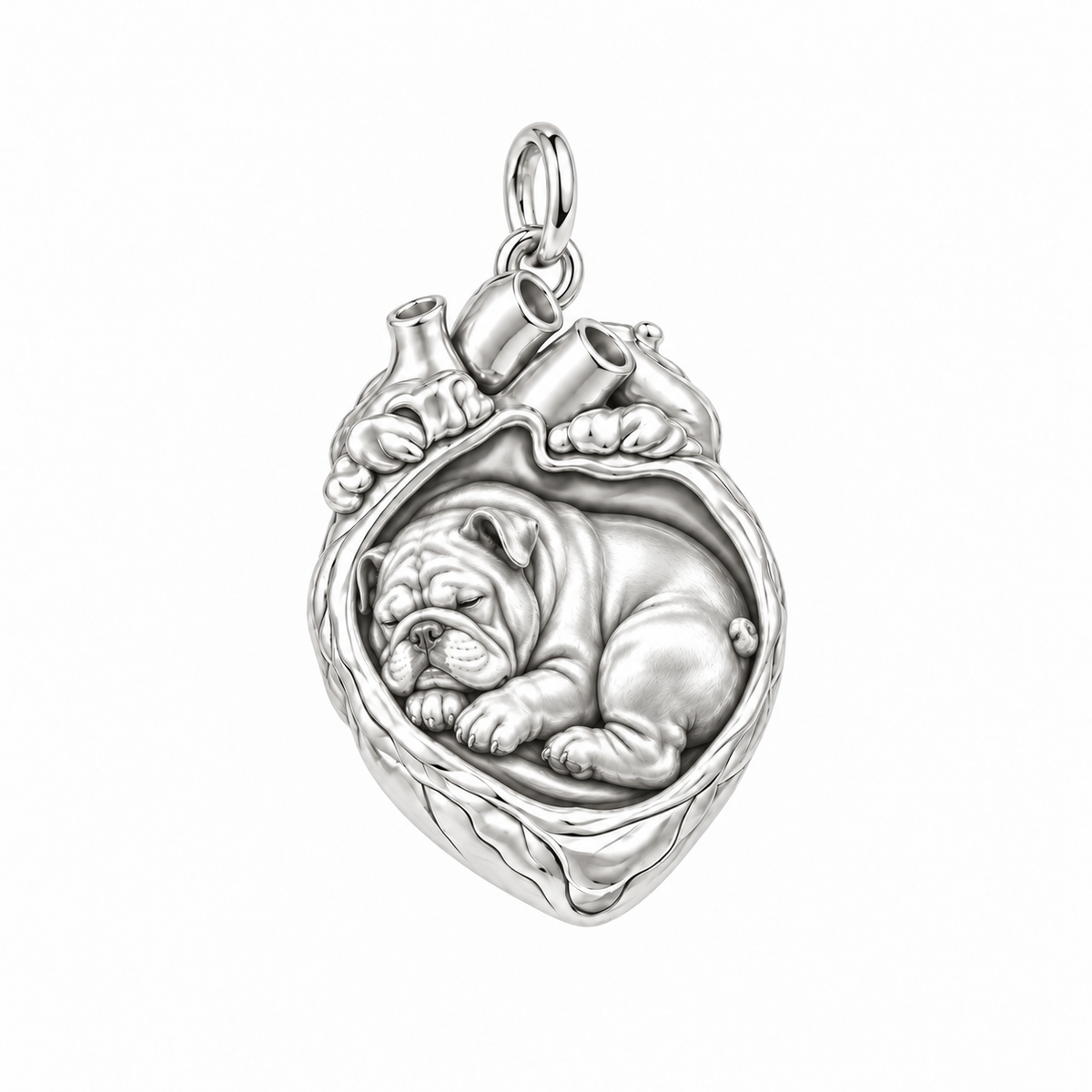 Bulldog — In My Heart Sleeping Pet Charm and Polyester Cord Bracelet Set — Silver