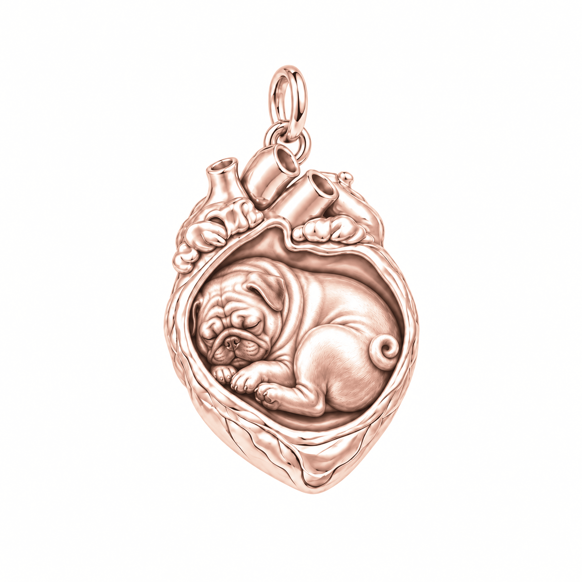 Pug — In My Heart Sleeping Pet Charm and Polyester Cord Bracelet Set — Rose Gold