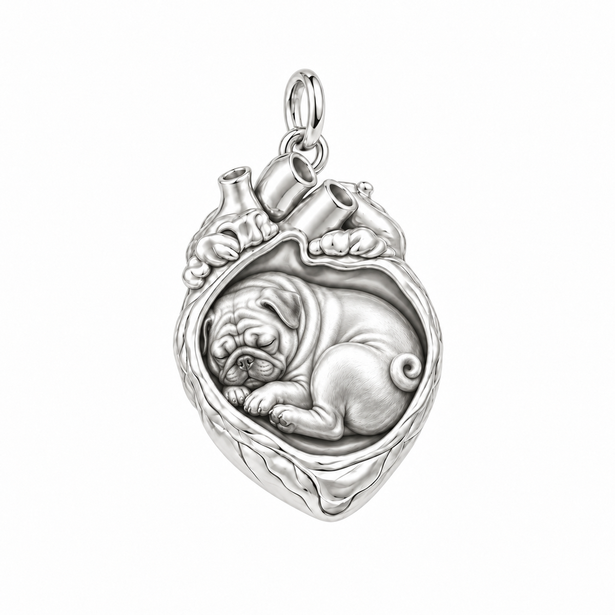 Pug — In My Heart Sleeping Pet Charm and Polyester Cord Bracelet Set — Silver