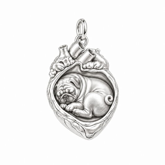 Pug — In My Heart Sleeping Pet Charm and Polyester Cord Bracelet Set — Silver