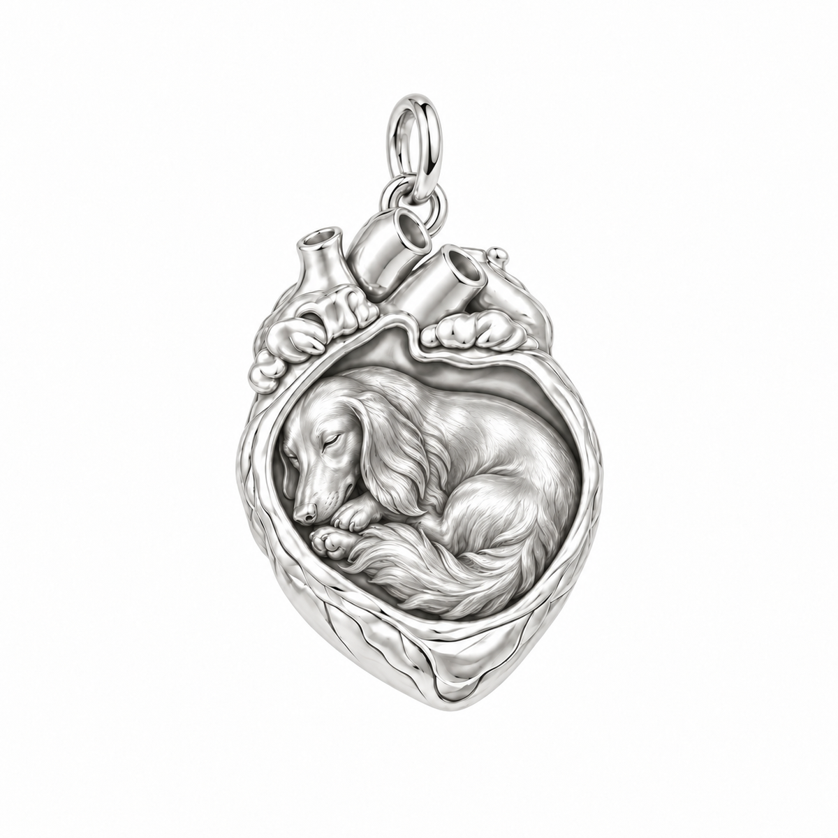 Dachshund - longhair — In My Heart Sleeping Pet Charm and Polyester Cord Bracelet Set — Silver