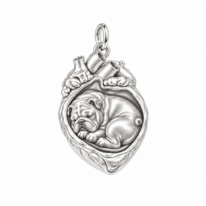 English Bulldog — In My Heart Sleeping Pet Charm and Polyester Cord Bracelet Set — Silver