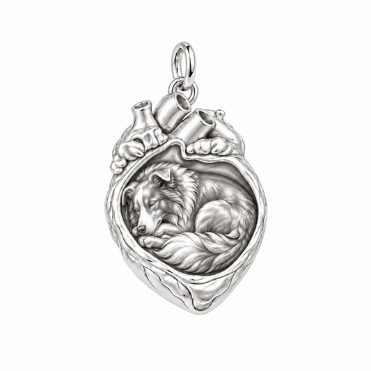 Border Collie - rough coat — In My Heart Sleeping Pet Charm and Polyester Cord Bracelet Set — Silver