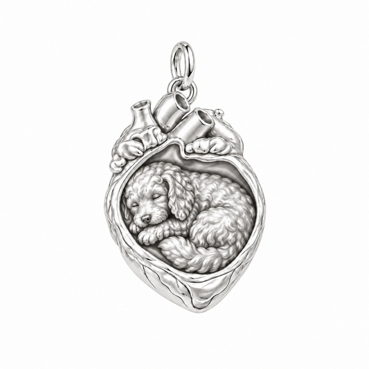 Goldendoodle - mini — In My Heart Sleeping Pet Charm and Polyester Cord Bracelet Set — Silver