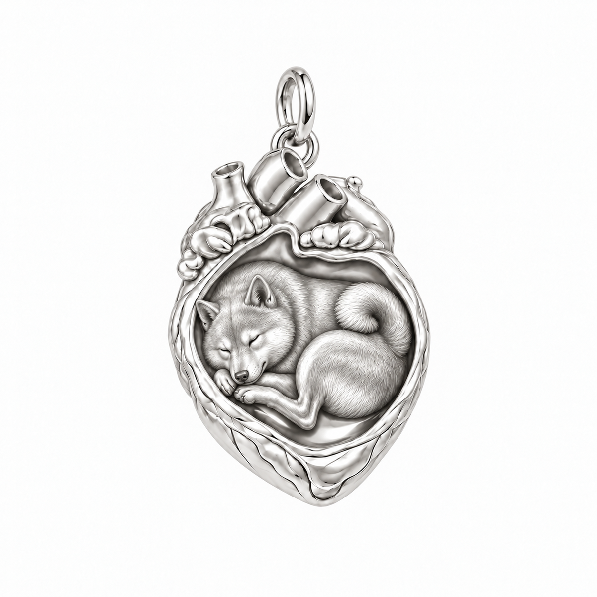 Shiba Inu — In My Heart Sleeping Pet Charm and Polyester Cord Bracelet Set — Silver