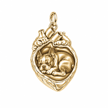 Boston Terrier — In My Heart Sleeping Pet Charm and Polyester Cord Bracelet Set — Gold