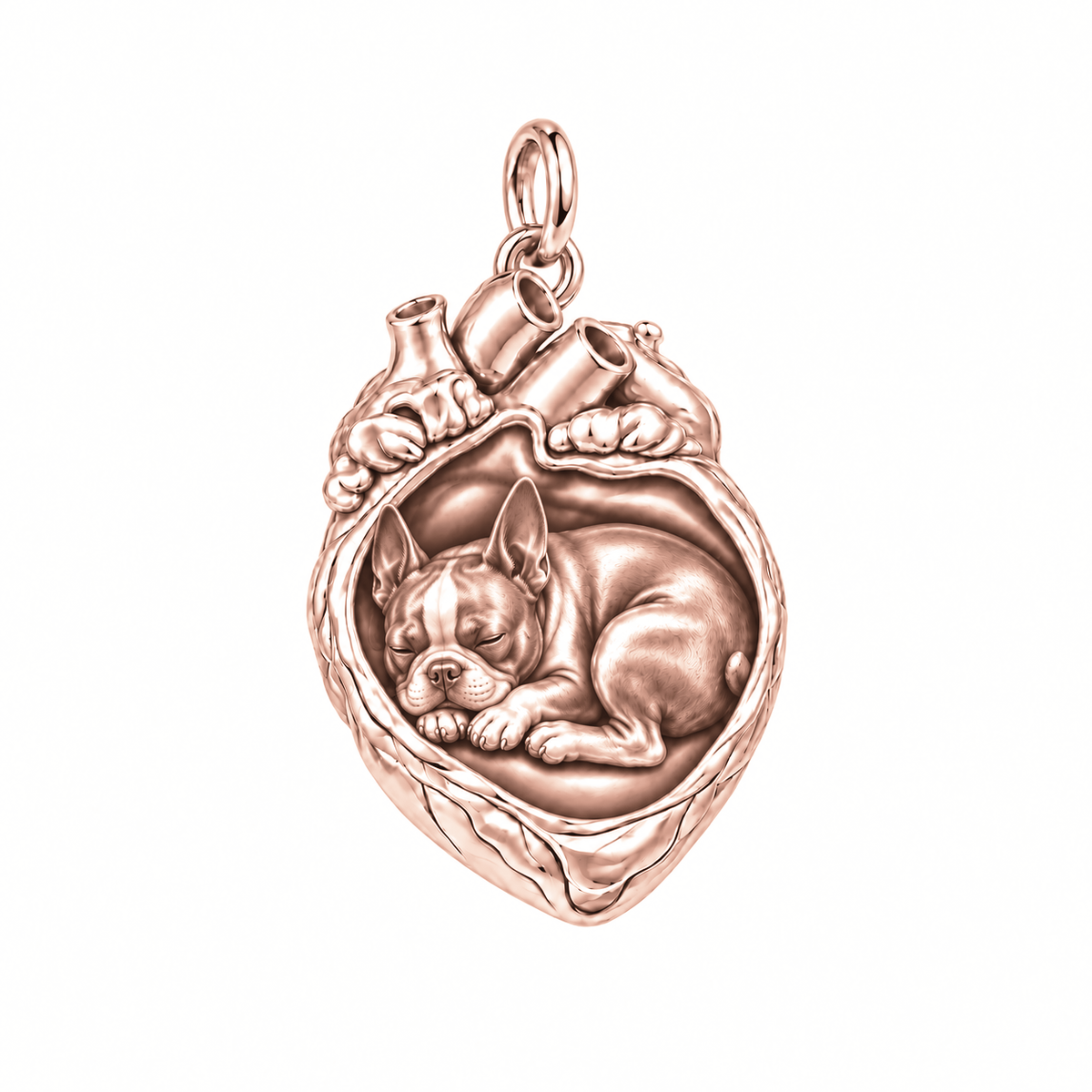 Boston Terrier — In My Heart Sleeping Pet Charm and Polyester Cord Bracelet Set — Rose Gold