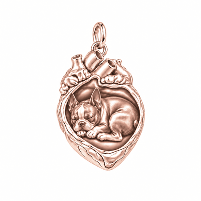 Boston Terrier — In My Heart Sleeping Pet Charm and Polyester Cord Bracelet Set — Rose Gold