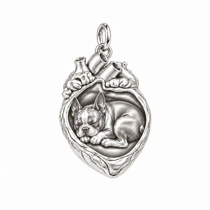 Boston Terrier — In My Heart Sleeping Pet Charm and Polyester Cord Bracelet Set — Silver