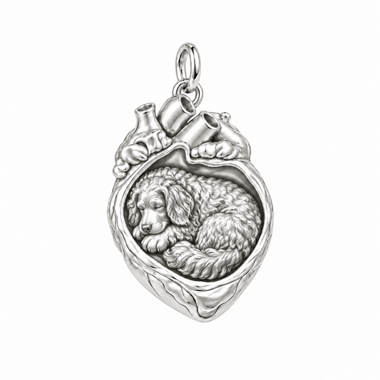 Bernedoodle — In My Heart Sleeping Pet Charm and Polyester Cord Bracelet Set — Silver